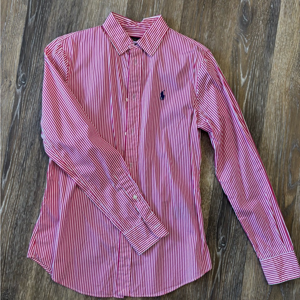 Polo by Ralph Lauren Women Hot Pink and White Striped Shirt. Sizm S
